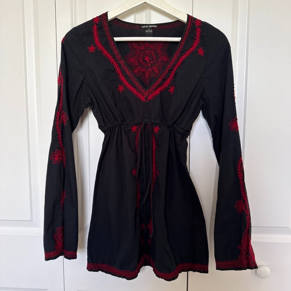 Boho Lucky Brand Black Tunic with Red Embroidered Accents